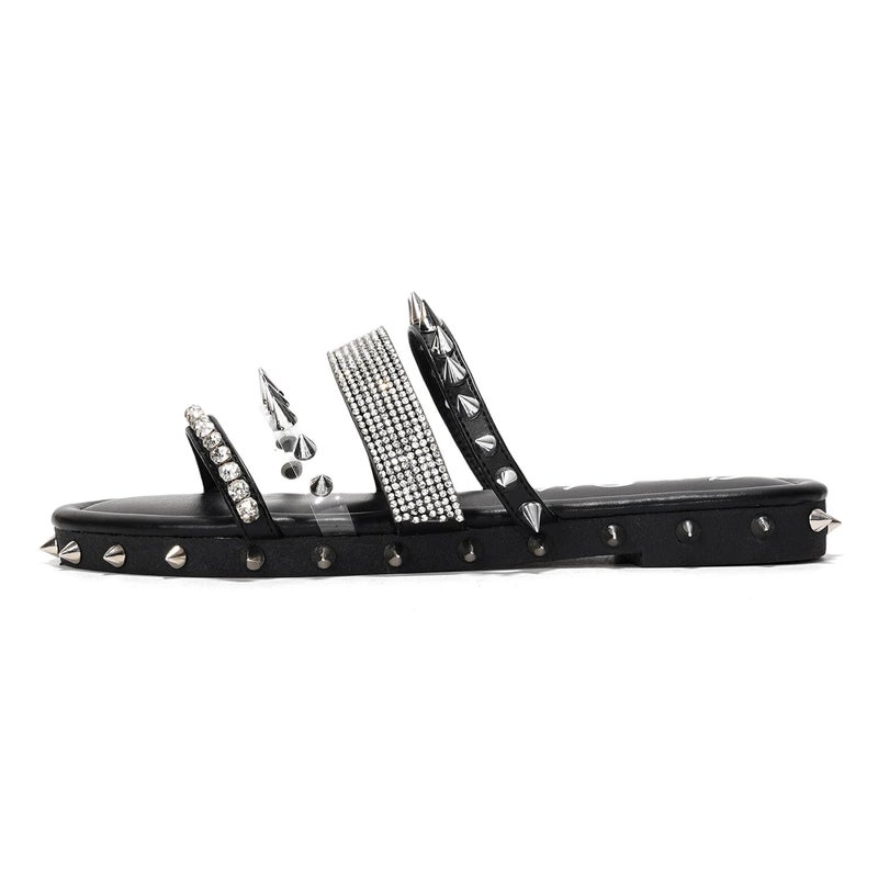 Cape Robbin Women's Slide Sandals Spiked Flat Slides, Summer 2025 Comfortable Slip-On Beach Shoes with PU Leather Sole (Xtreme) - Black Size 8 - Image 3